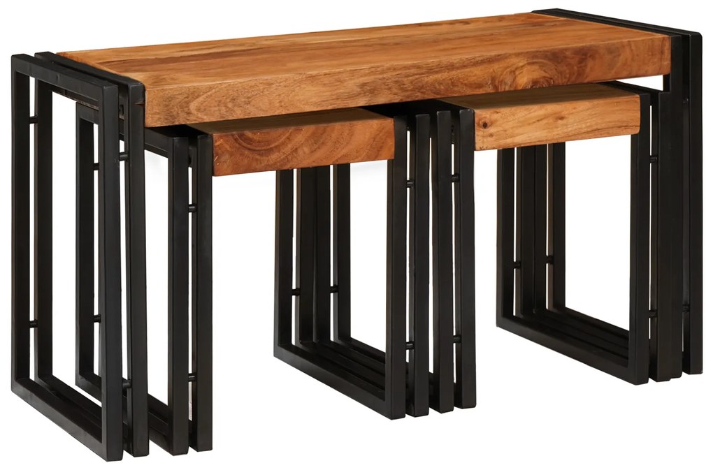 vidaXL Τραπέζια άκρης 3 pcs Καφέ και Μαύρο Μασίφ ξύλο ακακίας