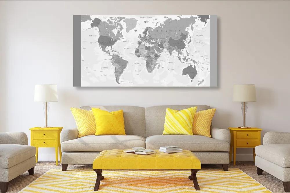 Εικόνα σε φελλό λεπτομερής παγκόσμιος χάρτης σε ασπρόμαυρο σχέδιο - 120x60  wooden