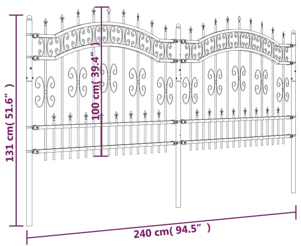 vidaXL Φράχτης Κήπου με Κορυφή Δόρυ Μαύρος 240x100 εκ. Ατσάλι με Ηλεκτροστατική Βαφή