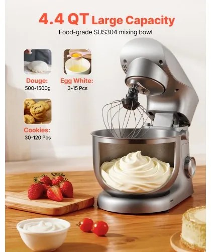 VEVOR Stand Mixer, 4.2 L Electric Kitchen Mixer, 1500W Dough-Mixer, 10 + Pulse Speeds Tilt-head Food-Mixer with Stainless Steel Bowl, Dough Hook, Whisk, Beater, for Baking, Mixing, Whipping & Kneading
