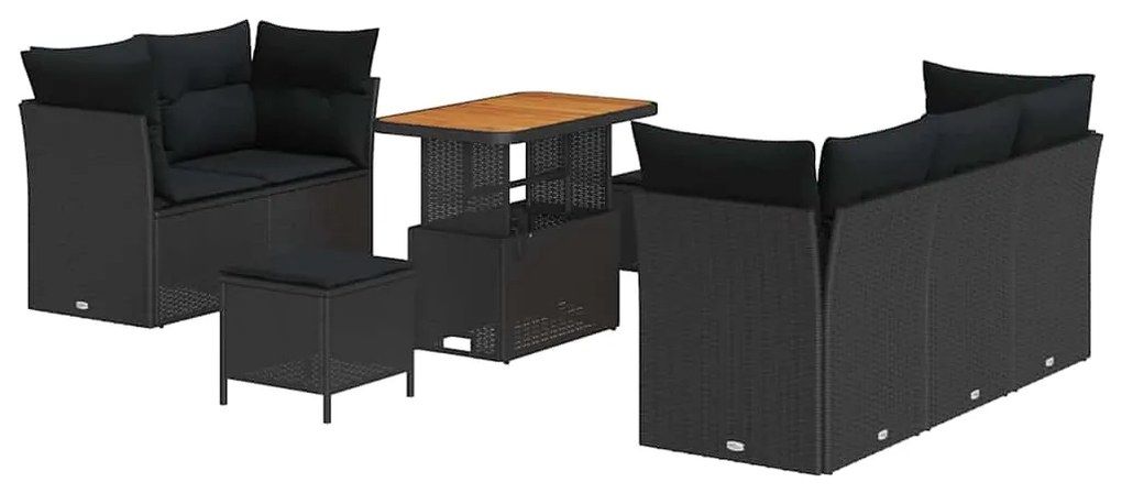 vidaXL σετ καναπέ κήπου 8 τεμαχίων με μαξιλάρια, μαύρο, από πολυ-ρατάν.