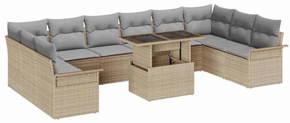 Σετ Καναπέ Κήπου με μαξιλάρι με μαξιλάρι 11 pcs Μπεζ Πολυ Ρατάν