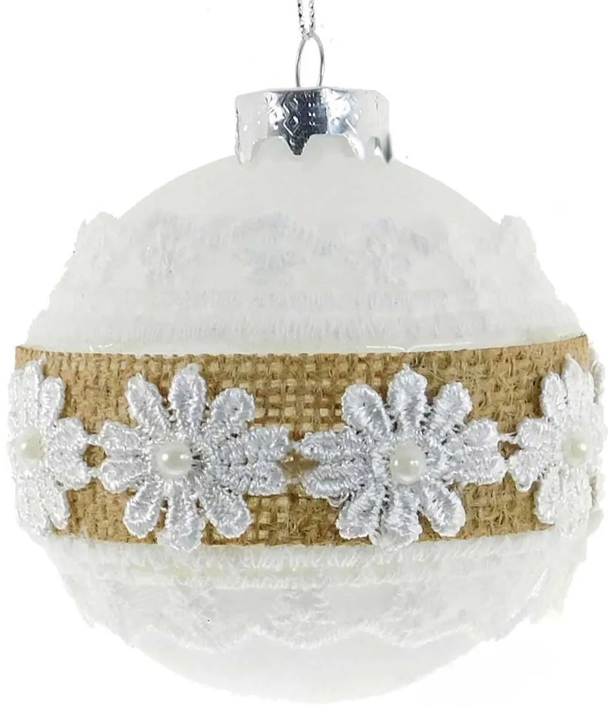 Χριστουγεννιάτικη Μπάλα Γυάλινη άσπρη με σχέδιο 8cm 51795b