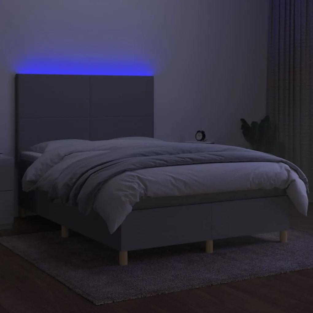 vidaXL Κρεβάτι Boxspring με Στρώμα & LED Αν.Γκρι 140x200εκ. Υφασμάτινο