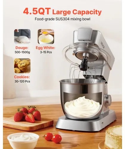 VEVOR Stand Mixer, 4.3 L Electric Kitchen Mixer, 1300W Dough-Mixer, 6+P Speeds Tilt-head Food-Mixer with 1.5 L Blender Cup, Stainless Steel Bowl, Dough Hook, Whisk, Beater, for Baking, Mixing, Silver