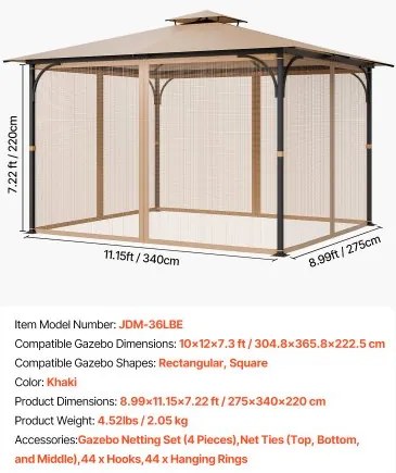 VEVOR Replacement Mesh Gazebo Netting Screen for 10x12x7.3 ft Patio, Net Only