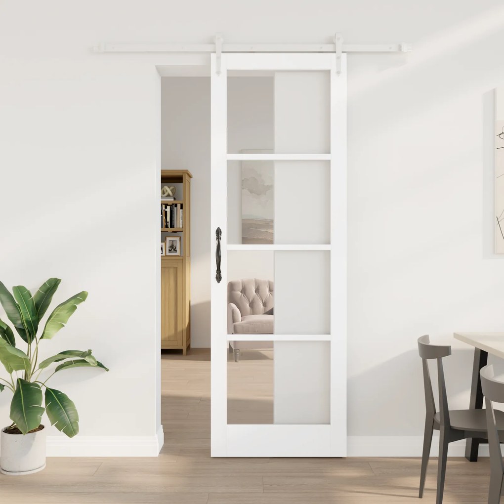 vidaXL Συρόμενη Πόρτα με Εξαρτήματα Λευκή 78x232 εκ. Συμπαγές Ξύλο Πέυκο