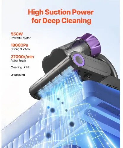 VEVOR Mattress Vacuum Cleaner with 18Kpa Powerful Suction HEPA Filter 550W Gray