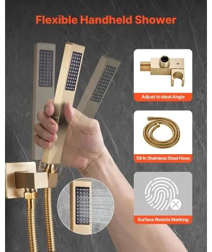 VEVOR Shower Faucet Set 10&quot; Square Rain Shower Head and Hand Set Brushed Gold