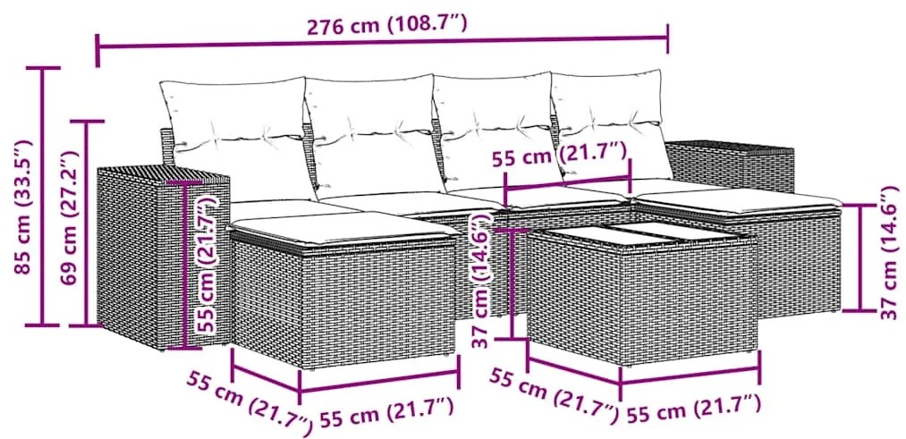 vidaXL Καναπές Σετ 7 Τεμαχίων Μαύρο Συνθετικό Ρατάν με Μαξιλάρια