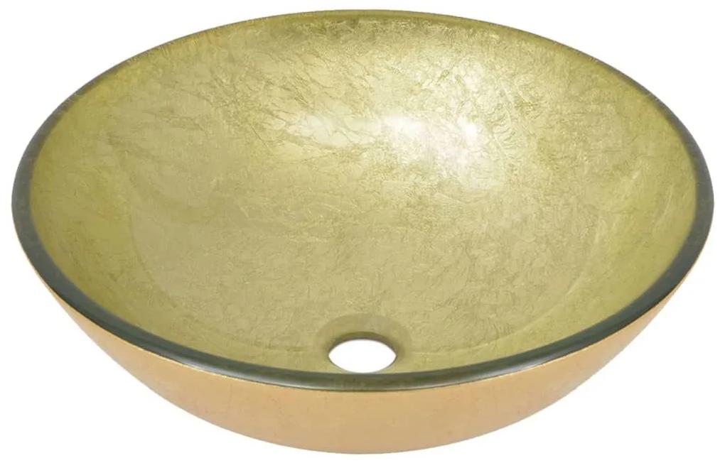 Νιπτήρας Μπάνιου με Βρύση&amp; Βαλβίδα Πατητή από Ψημ. Γυαλί Χρυσός - Χρυσό