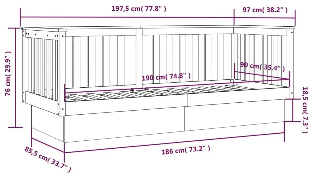 Καναπές Κρεβάτι Χωρίς Στρώμα Λευκό 90x190 εκ. Μασίφ Ξύλο Πεύκου - Λευκό