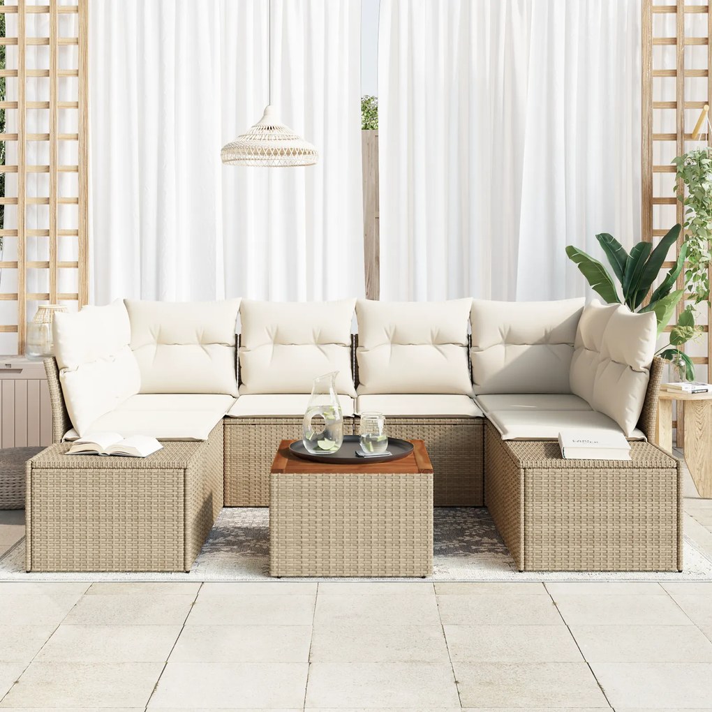 vidaXL Set Καναπέ Κήπου 7 Τεμαχίων με Μαξιλάρια Μπεζ Πολυ-Ρατάν Ακακίας