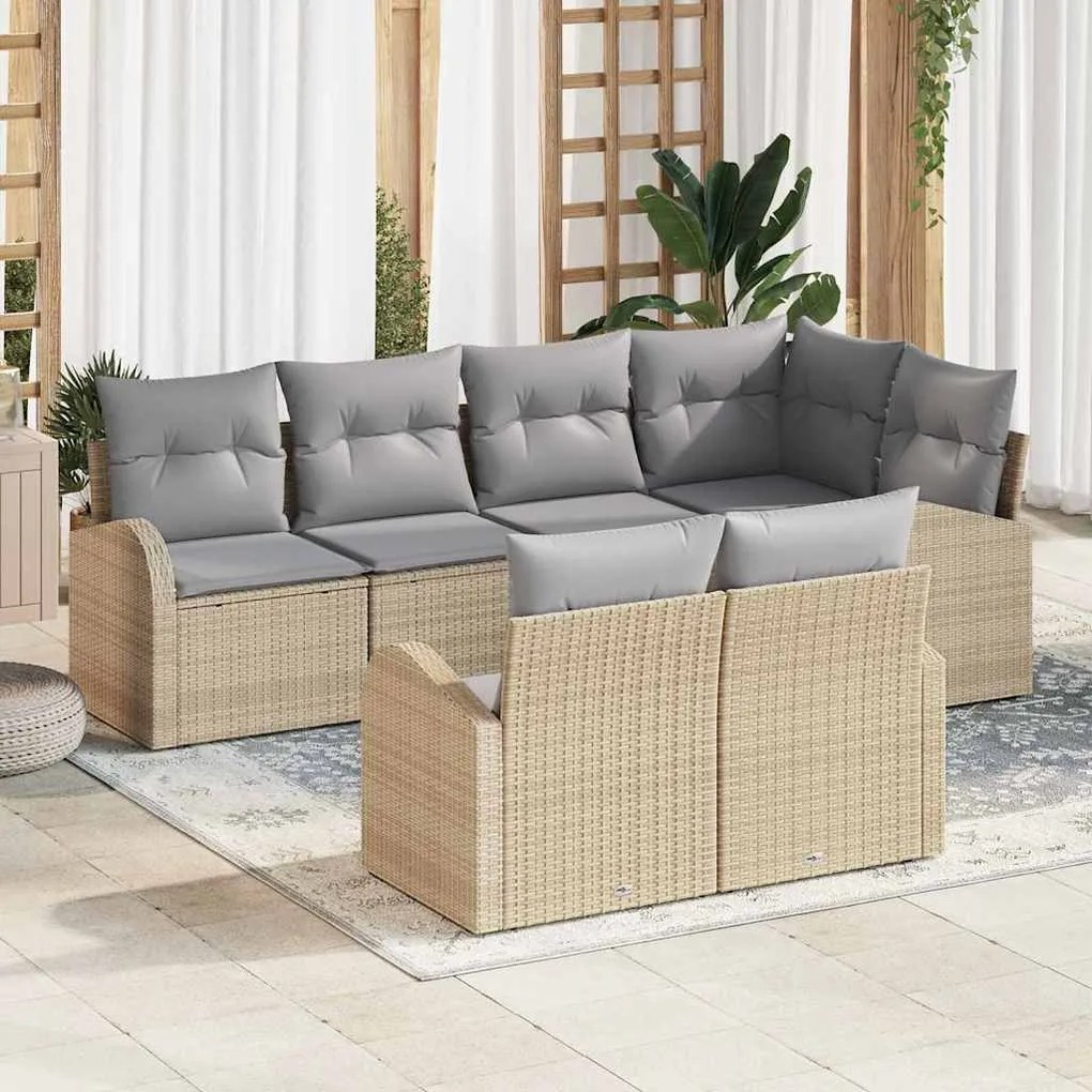 vidaXL Σετ Καναπέ Κήπου με μαξιλάρι 7 pcs Μπεζ Πολυ ράταν