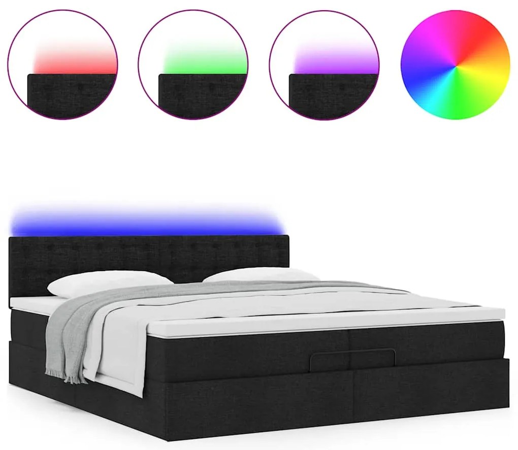 vidaXL Οθωμανικό κρεβάτι με στρώματα & LEDs Μαύρο 200x200cm ύφασμα