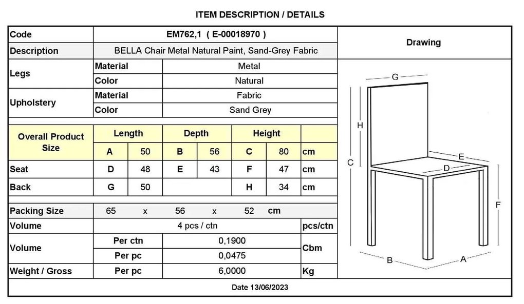 Καρέκλα Μεταλλική BELLA Βαφή Φυσικό/Ύφασμα Sand-Grey 54x56x77cm (Σετ 4 ΤΕΜ)
