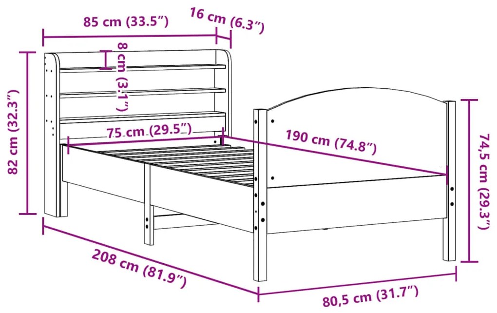 Σκελετός Κρεβατιού Χωρίς Στρώμα 75x190 εκ Μασίφ Ξύλο Πεύκου - Καφέ
