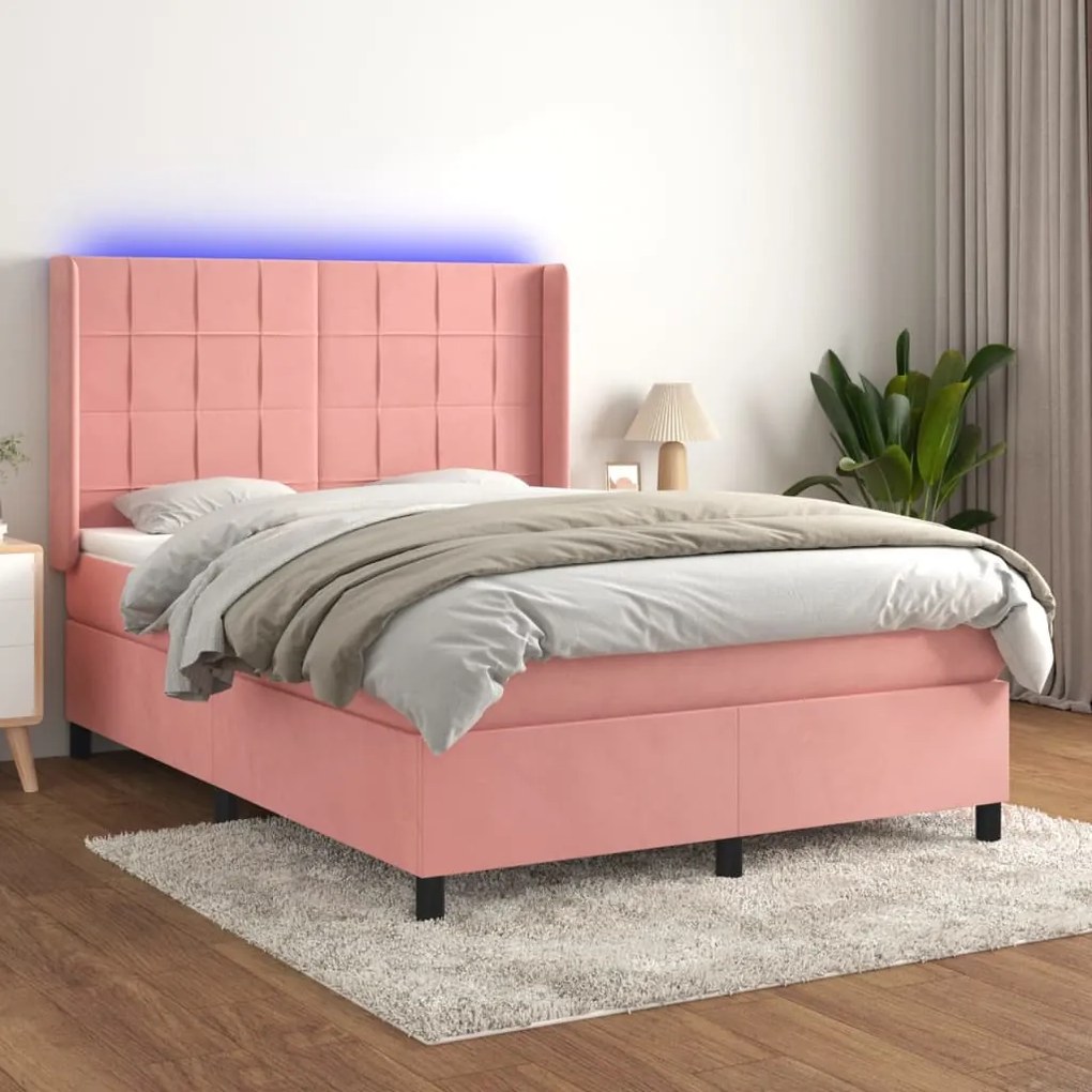 Κρεβάτι Boxspring με Στρώμα &amp; LED Ροζ 140x190 εκ. Βελούδινο