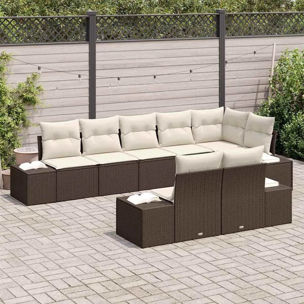vidaXL Σετ Καναπέ Κήπου με μαξιλάρι 8 pcs Καφέ και κρεμ Πολυ ράταν
