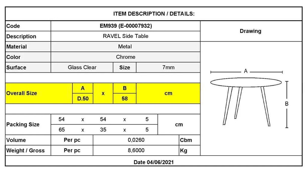 ΤΡΑΠΕΖΑΚΙ ΒΟΗΘΗΤΙΚΟ Ravel EM939 D. 50 H.58cm