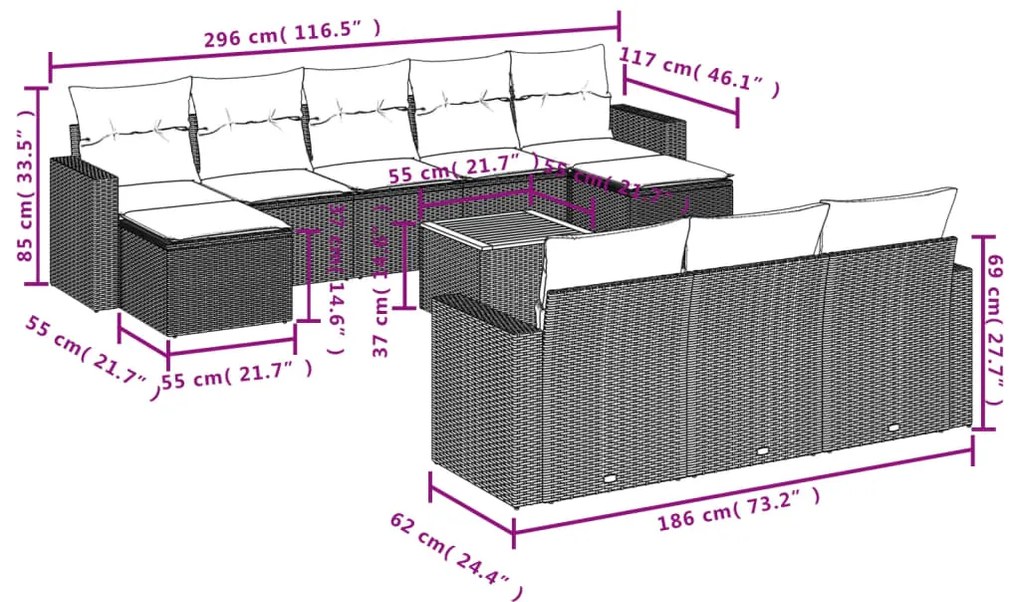 vidaXL Σαλόνι Κήπου Σετ 11 Τεμαχίων Μαύρο Συνθετικό Ρατάν με Μαξιλάρια