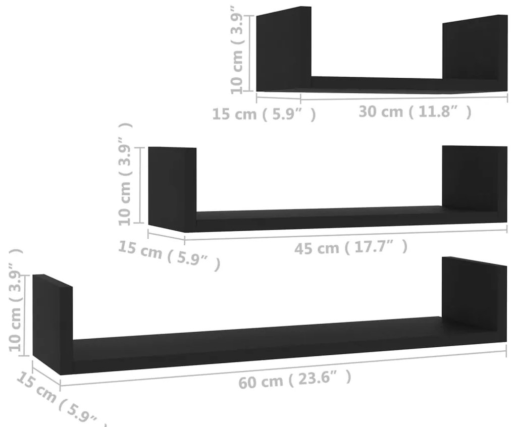 vidaXL Ράφια Τοίχου 3 τεμ. Μαύρα από Επεξεργασμένο Ξύλο