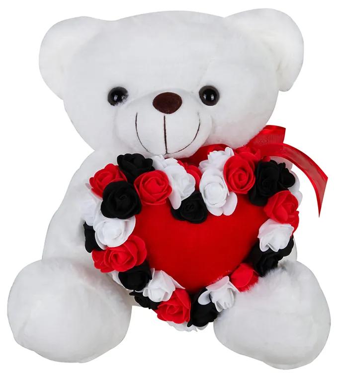 Λούτρινο αρκουδάκι Λευκό με καρδιά κόκκινη και τριαντάφυλλα 30cm Much