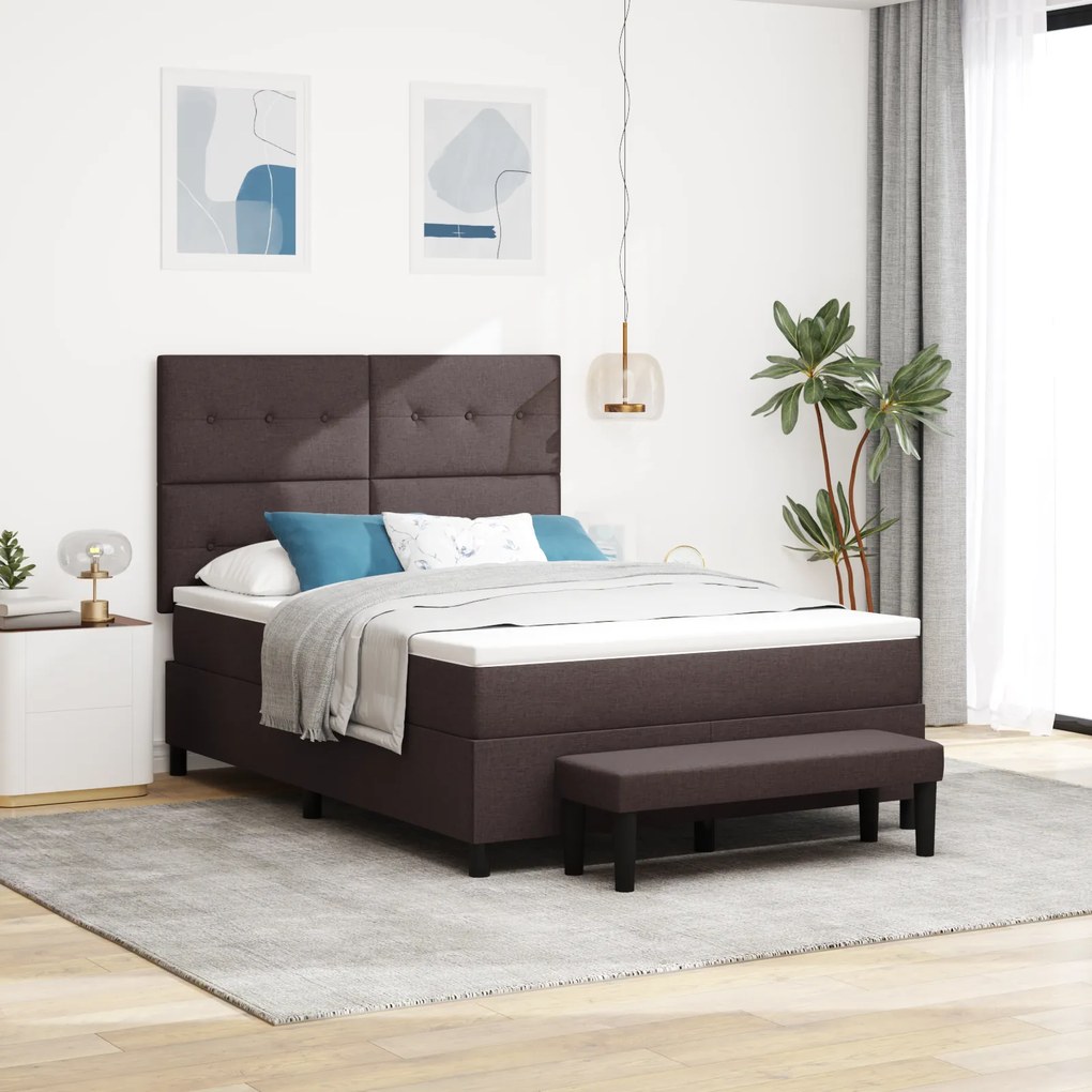 vidaXL Box Spring Bed με Στρώμα & Πάγκο Σκούρο Καφέ 140x190 εκ Ύφασμα