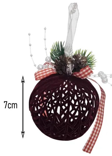 Χριστουγεννιάτικη Μπάλα Διακοσμητική Βελούδινη με Κουκουνάρι και Κορδέλα 7cm - Velvet Christmas Ornament Ball with Pinecone and Ribbon