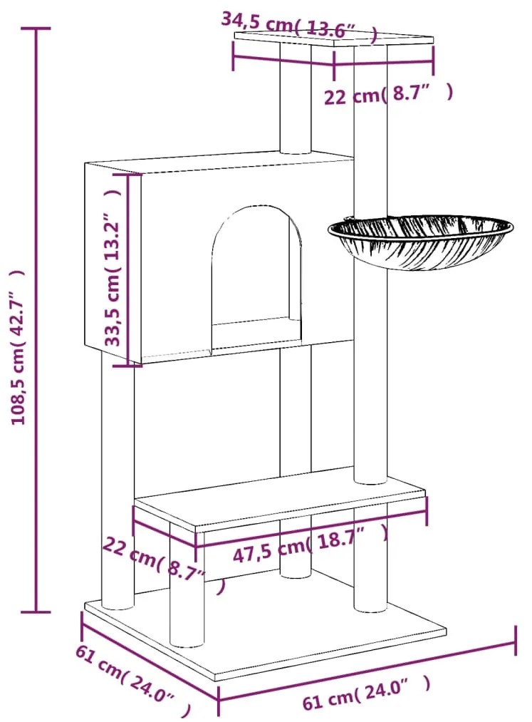vidaXL Γατόδεντρο Σκούρο Γκρι 108,5 εκ. με Στύλους Ξυσίματος από Σιζάλ