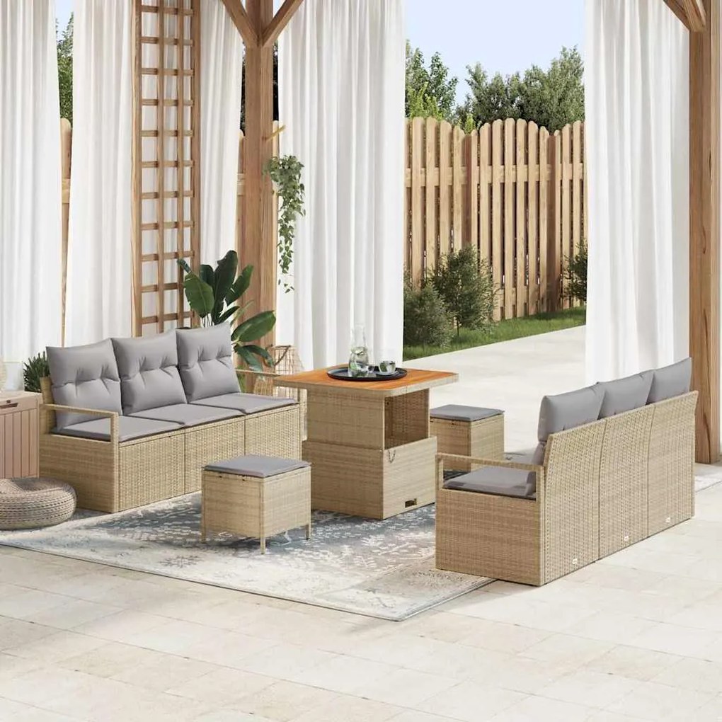 vidaXL Set κήπου  με 9 κομμάτια και μαξιλάρια σε μπεζ πολυ-ρατάν και ξύλο ακακίας.
