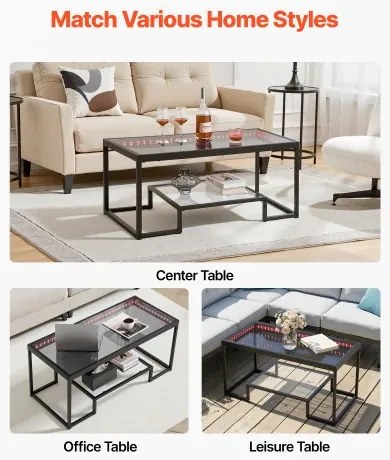 VEVOR Coffee Table, Modern Tempered Glass Coffee Table with Lighting, 2 Tiers Rectangle Glass Center Desk with Open Storage, Minimalist Metal Accent End Desk for Living Room, Office, Easy Assembly
