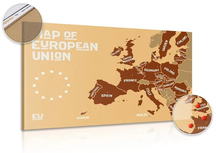 Εικόνα στον εκπαιδευτικό χάρτη από φελλό με ονόματα χωρών της ΕΕ σε αποχρώσεις του καφέ - 90x60  wooden