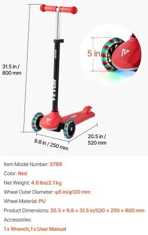 VEVOR Kick Scooter for Kids Ages 3+, 3-Wheel Toddler Scooter with Light-Up Wheels, Adjustable Height Handlebar, Wide Anti-Slip Deck, Lightweight Aluminum Frame for Boys and Girls up to 74.8 kg, Red