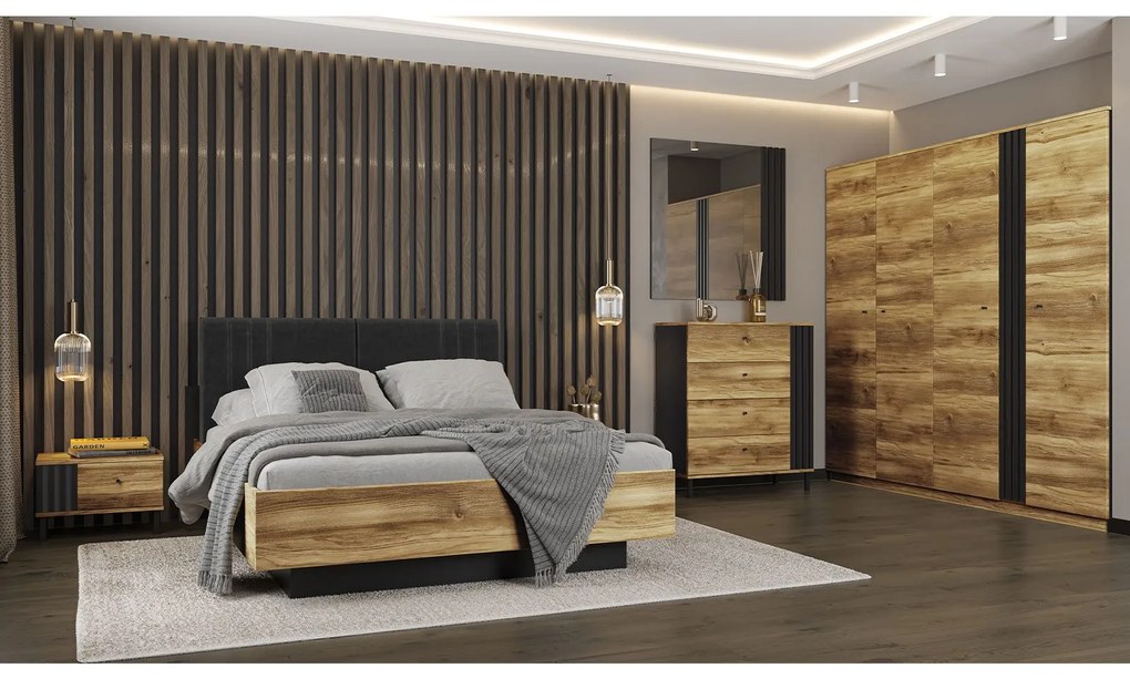 HAYDON Κρεβάτι Υπέρδιπλο Ξύλινο Barocco oak gold/Ανθρακί με Ορθοπεδικό Τελάρο για Στρώμα 160x200cm