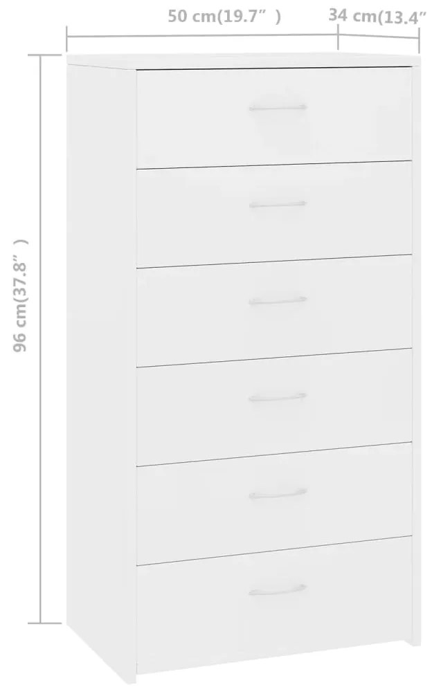 vidaXL Συρταριέρα με 6 Συρτάρια Λευκή 50 x 34 x 96 εκ. από Επεξ. Ξύλο