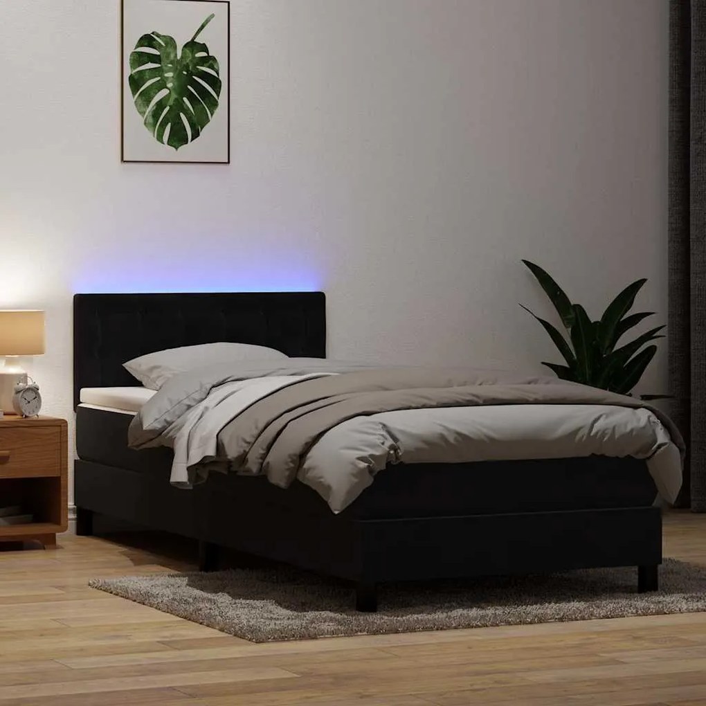 vidaXL Κρεβάτι Boxspring με Στρώμα &amp; LED Μαύρο 90x220 εκ. Βελούδινο