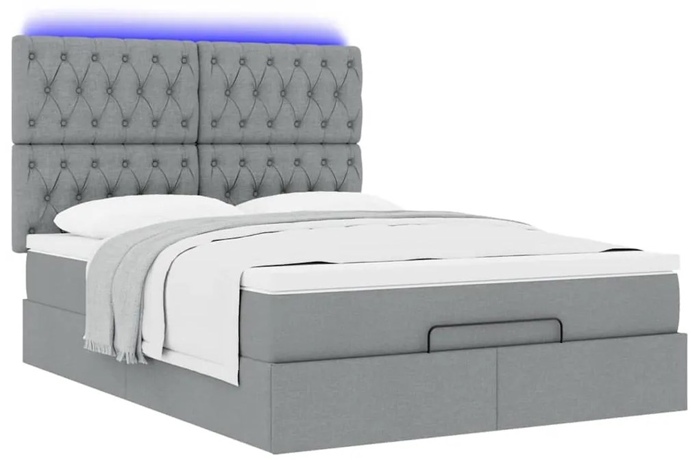 vidaXL Οθωμανικό κρεβάτι με στρώμα&LEDs Ανοιχτό γκρι 140x190cm Ύφασμα