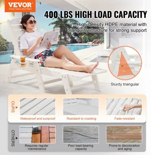 VEVOR Chaise Lounge Chair, 181 kg Weight Capacity, 6 Positions Adjustable Patio Lounge Chair, Outdoor HDPE Lounge Chair with Backrest & Cup Holder, for Pool Poolside Deck Backyard Lawn, White