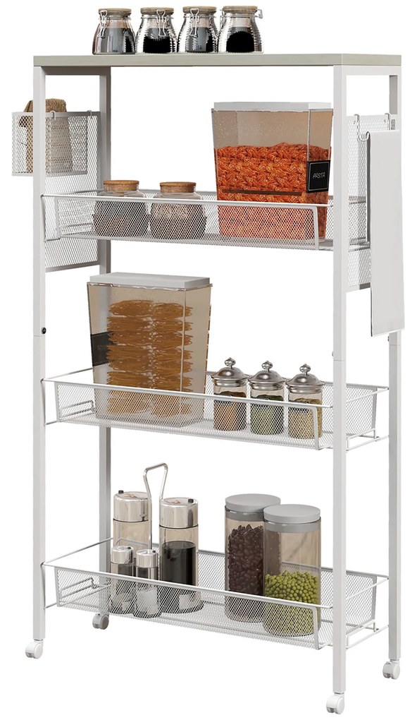 HOMCOM Καρότσι Ντουλάπι Πολλαπλών Χρήσεων, 3 Ράφια, Γάντζοι, 58 cm x 18,5 cm x 87 cm, Λευκό