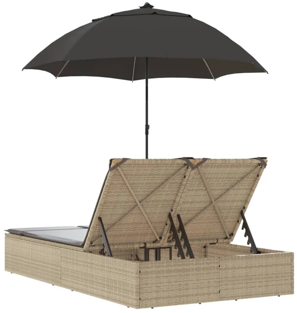 vidaXL Ξαπλώστρα Διπλή Μπεζ από Συνθετικό Ρατάν με Μαξιλάρια/Ομπρέλα