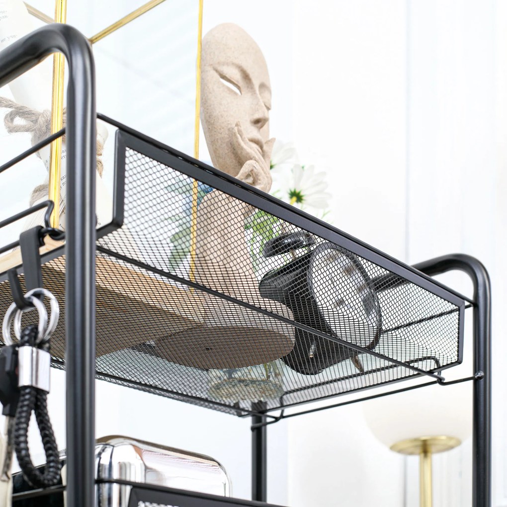 HOMCOM Τροχήλατο καρότσι κουζίνας με 5 συρμάτινα καλάθια, 4 κρεμάστρες, 4 τροχούς, 2 λαβές, ατσάλι/πλαστικό, 45x26,5x106 cm, μαύρο