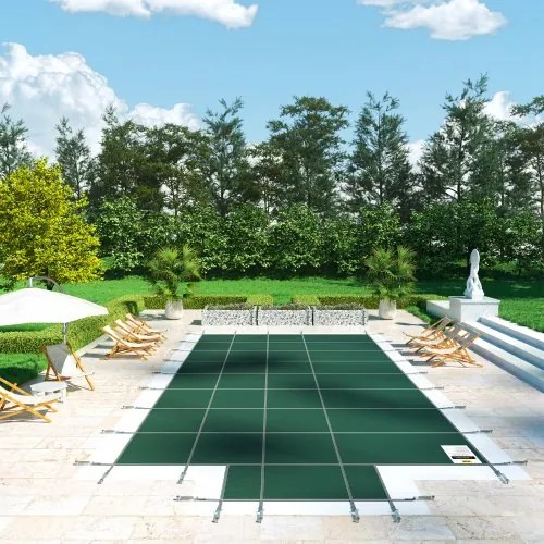 VEVOR Pool Safety Cover Fits 16x32ft Rectangle Inground Pools, Safety Pool Cover with 4x10ft Center End Step, Mesh Solid Pool Cover with Drainage Holes for Swimming Pool, Winter Safety Cover, Green