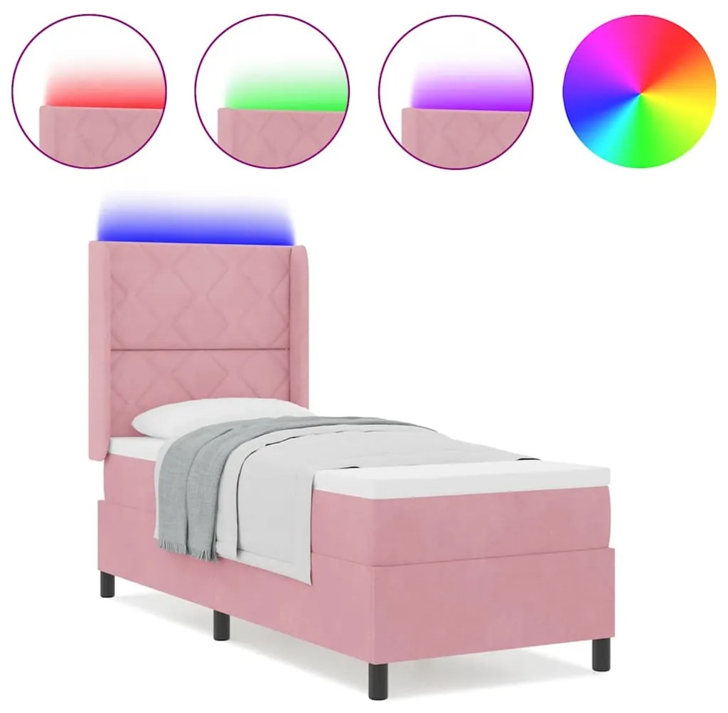 vidaXL Κρεβάτι Box Spring LED με Στρώμα Ροζ 80 x 200 cm Βελούδο