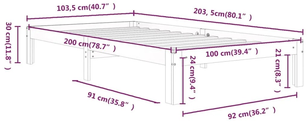 Πλαίσιο Κρεβατιού Λευκό 100 x 200 εκ. από Μασίφ Ξύλο Πεύκου - Λευκό