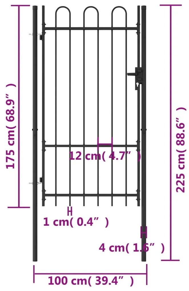 vidaXL Καγκελόπορτα Μονή με Αψιδωτή Κορυφή Μαύρη 1 x 1,75 μ. Ατσάλινη