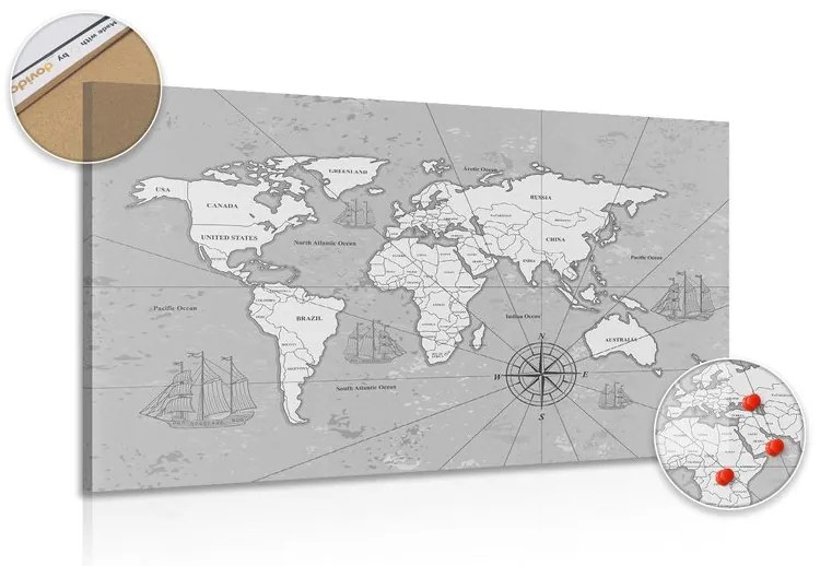 Εικόνα στο φελλό ενός ενδιαφέροντος ασπρόμαυρου χάρτη του κόσμου - 120x80  color mix