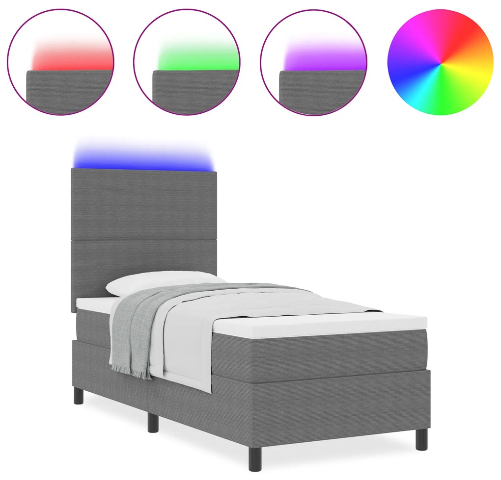 vidaXL Κρεβάτι Box Spring με Στρώμα & LED Φωτιστικό Γκρι 90x200 εκ Ύφασμα Κόρντουρα