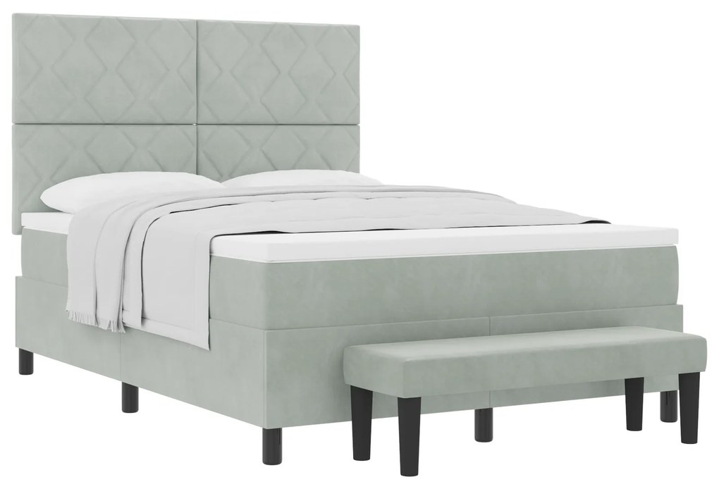 vidaXL Κρεβάτι Box Spring με Στρώμα & Πάγκο Ανοιχτό Γκρι 140x190 εκ. Βελούδο