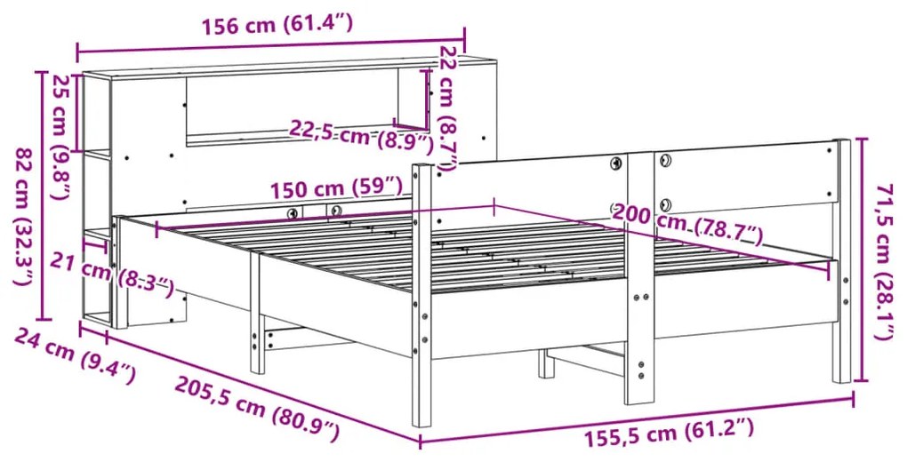 Κρεβάτι Βιβλιοθήκη Χωρίς Στρώμα 150x200 εκ Μασίφ Ξύλο Πεύκου - Καφέ